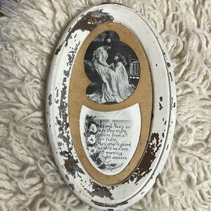 Antique Child’s Prayer Print & Photo of Two Girls Oval Metal Frame